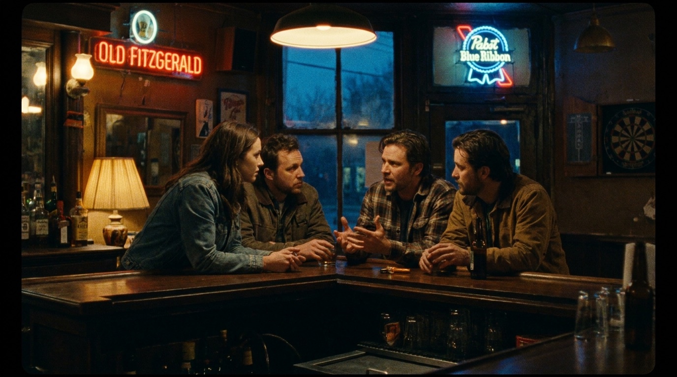 Concept frame: four friends clustered at the bar corner at dusk under neon