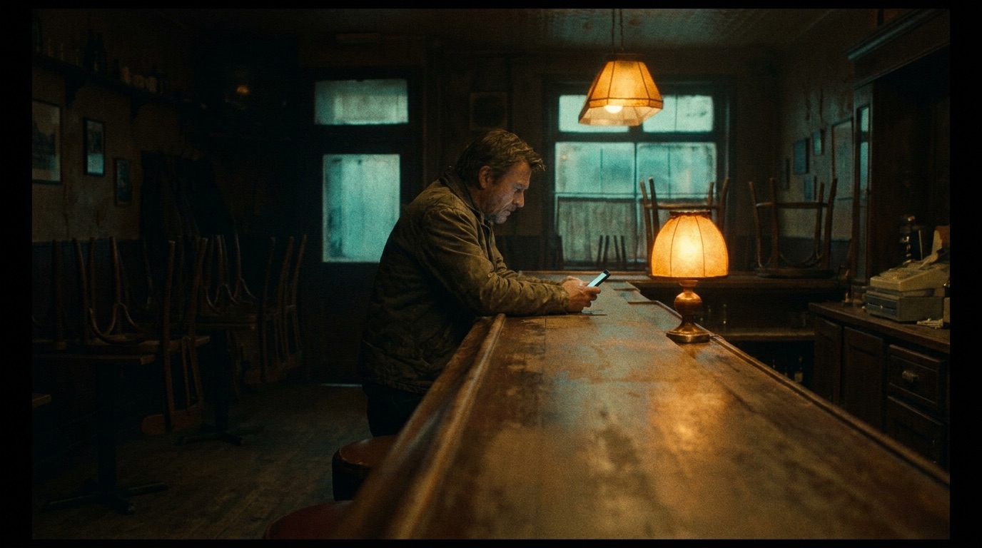 Concept frame: one man alone at a closed bar with his phone — the film's final image