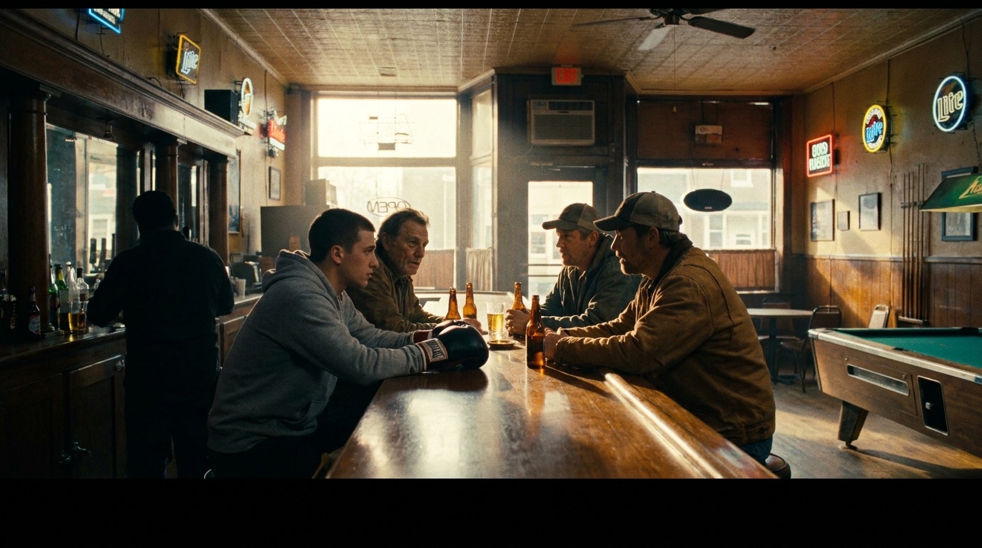 Concept frame: four men at a daylight bar, boxing glove on the bar top