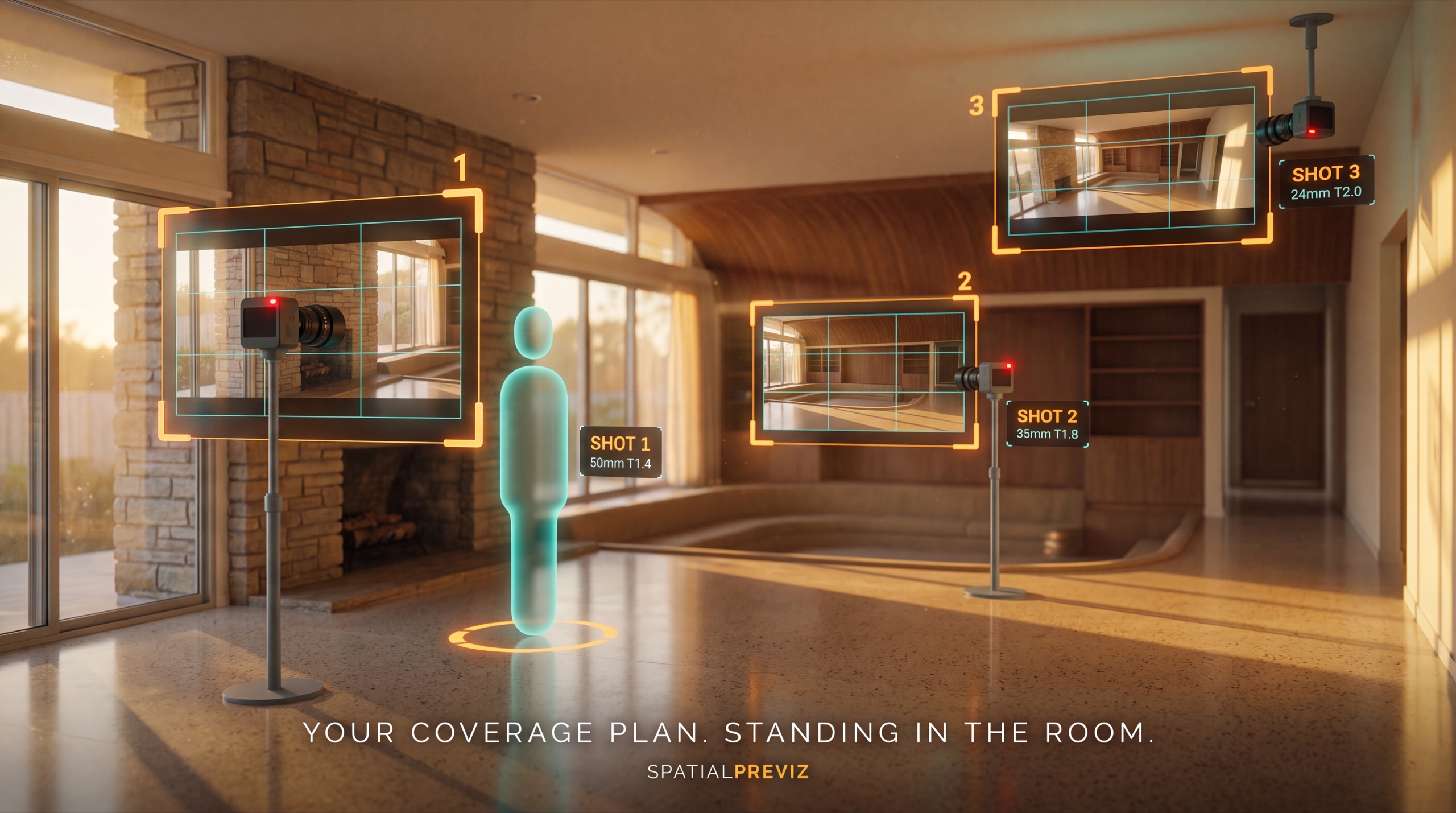 Three frames, camera rigs and an actor mark standing in a golden-hour room