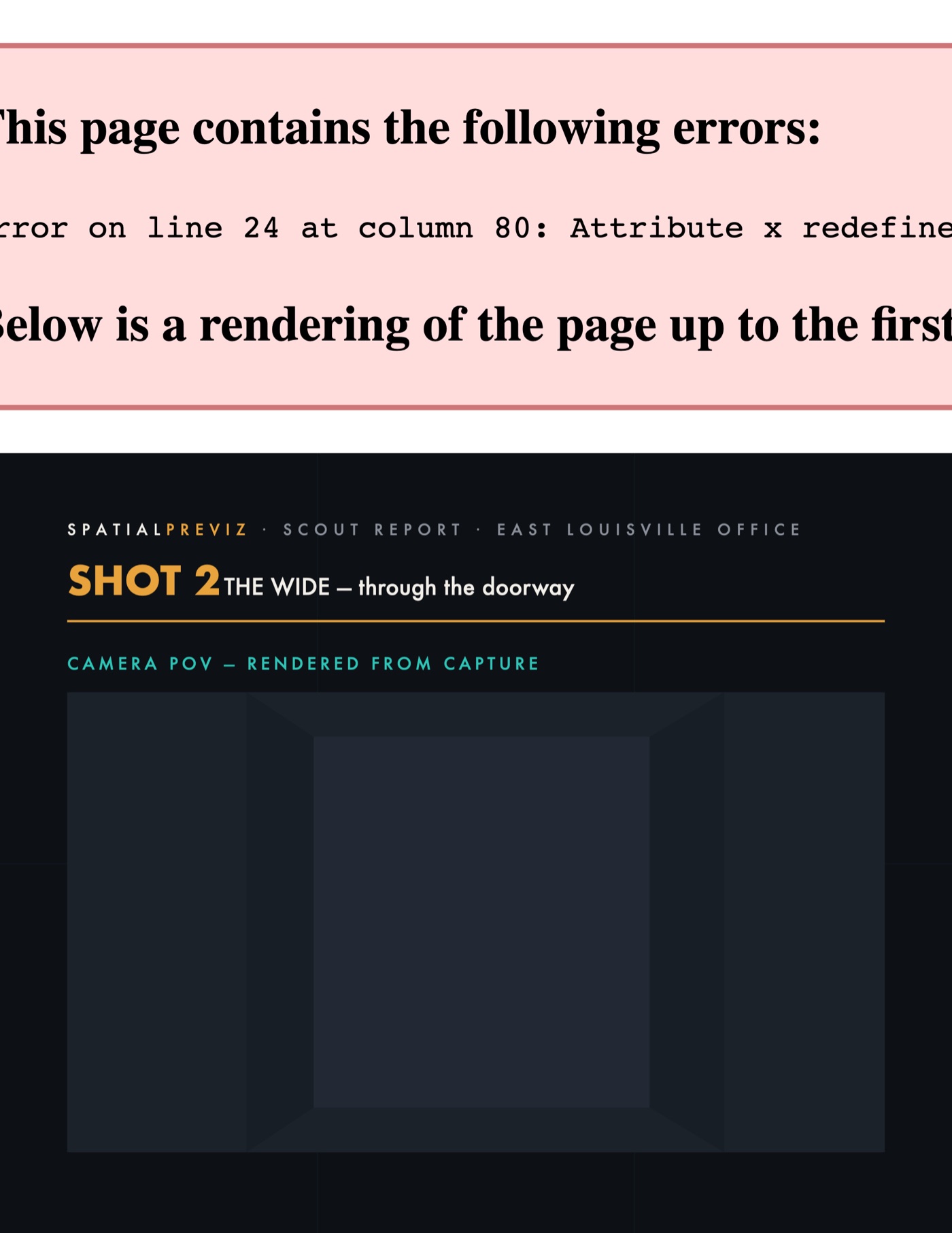 Scout report page: per-shot POV, slate data and position mini-map