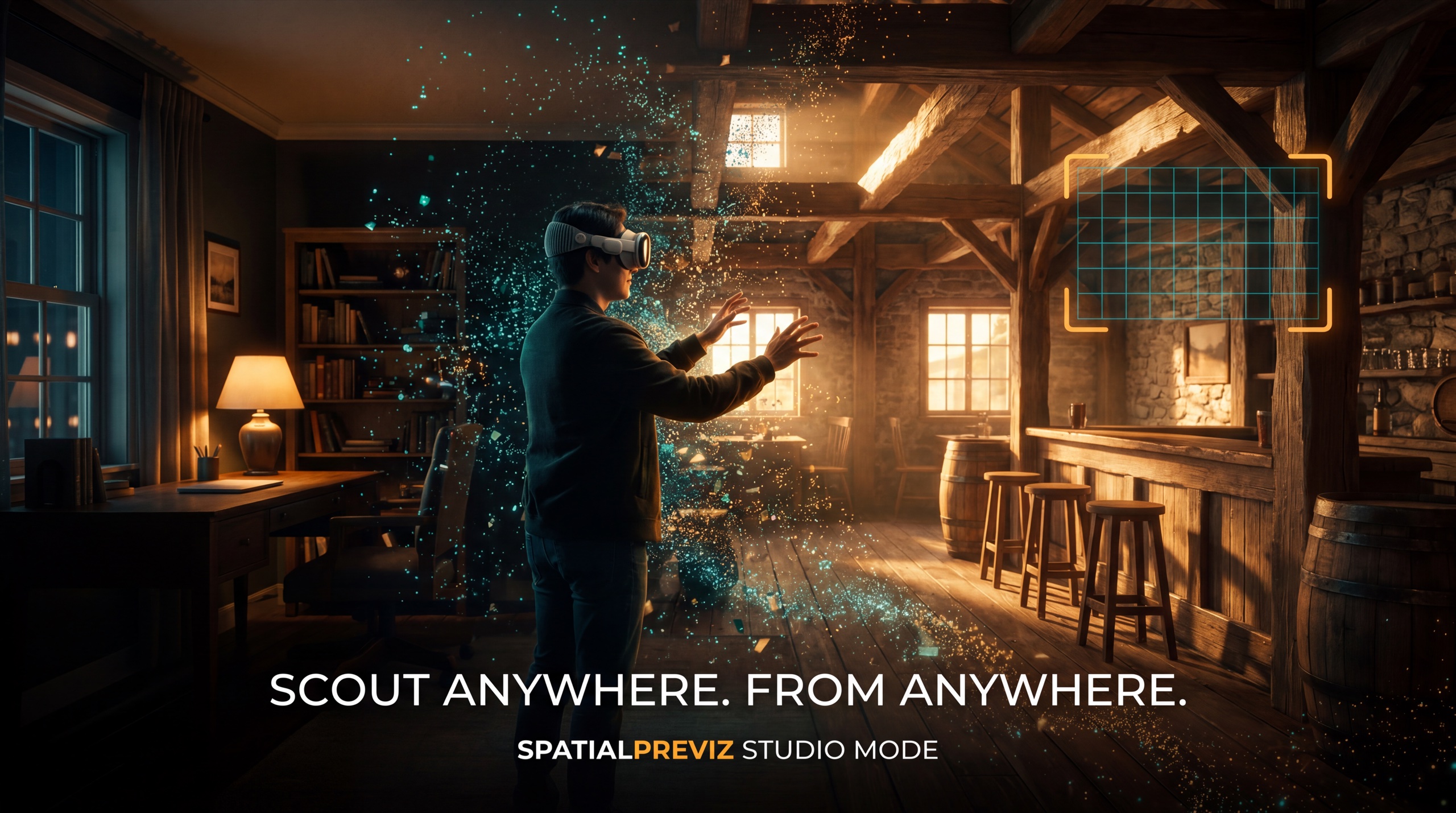 A home office dissolves into a captured tavern through glowing splats